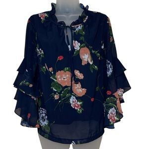 Club Monaco Silk Floral Blouse Flouncy Ruffle Sleeves Size M